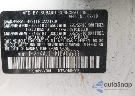 2019 Subaru Forester Sport z USA, uszkodzony, nr VIN JF2SKAJC3KH505683